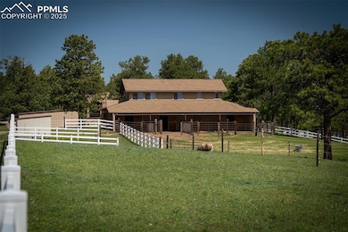 View of stucco Barn showing runs and pasture.