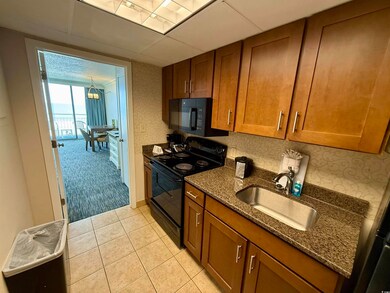 Kitchen with sink, dark stone countertops, a panel