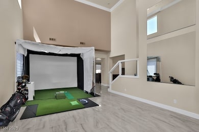 Game room with golf simulator, a high ceiling, cro