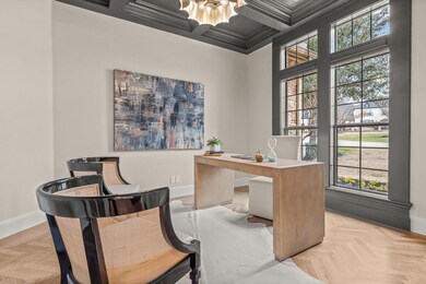 Home office with herringbone hardwood white oak fl