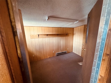 Unfurnished room featuring wood walls, a textured ceiling, baseboard heating, and dark carpet