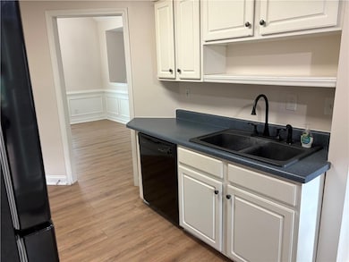 Kitchen with black dishwasher, light wood-type flooring, and dark countertops