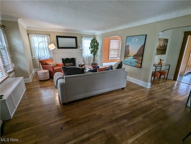 Living room featuring a textured ceiling, dark hardwood / wood-style floors, plenty of natural light, and a fireplace