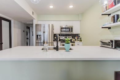 Kitchen with stainless steel appliances, white ca