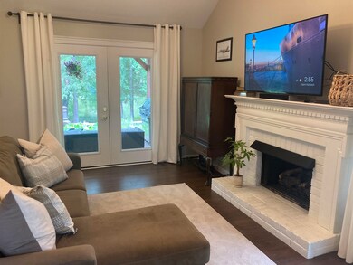 Living room with dark wood-type flooring, french d