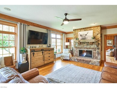 Stone wood burning fireplace is a two way into the study.