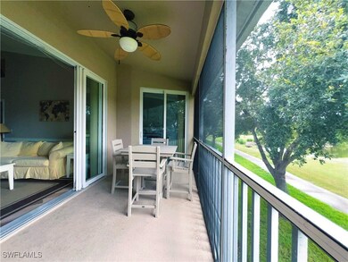 Balcony featuring ceiling fan
