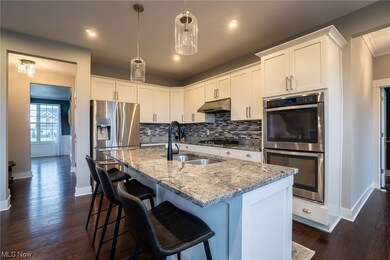 Kitchen with dark hardwood / wood-style flooring, tasteful backsplash, appliances with stainless steel finishes, and white cabinets