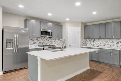 Kitchen with stainless steel appliances, light woo