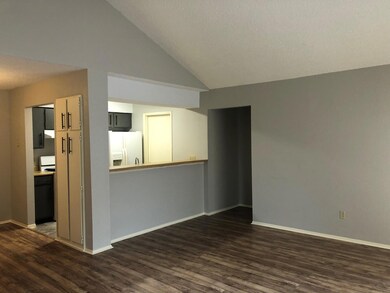 Unfurnished living room with dark wood finished floors, vaulted ceiling, and a textured ceiling