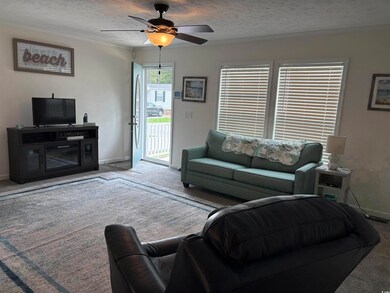 Living area with carpet, baseboards, ceiling fan, 
