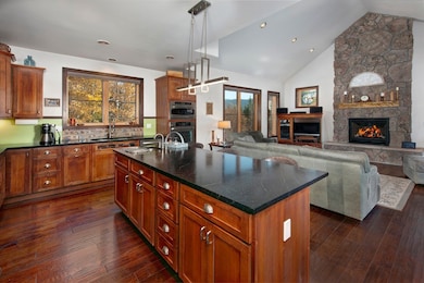 Kitchen featuring a stone fireplace, dark wood-sty