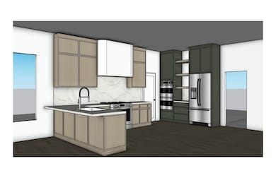 Kitchen featuring open shelves, a peninsula, stainless steel appliances, dark countertops, and tasteful backsplash