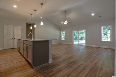 Kitchen featuring a center island with sink, gray 