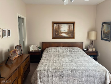 Bedroom featuring dark colored carpet
