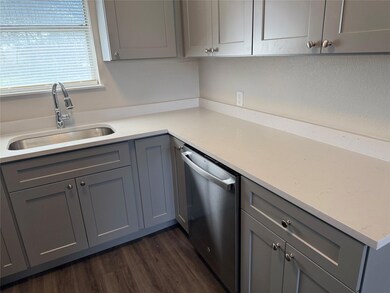 Kitchen with stainless steel dishwasher, dark woo