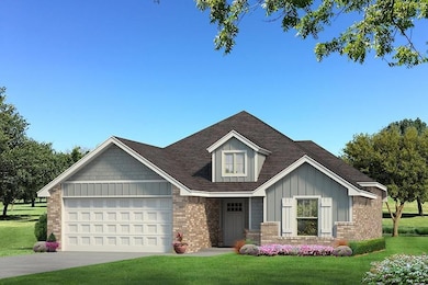 View of front facade featuring board and batten siding, brick siding, an attached garage, and a front yard