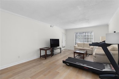 Workout area featuring crown molding, light wood-type flooring, and a textured ceiling