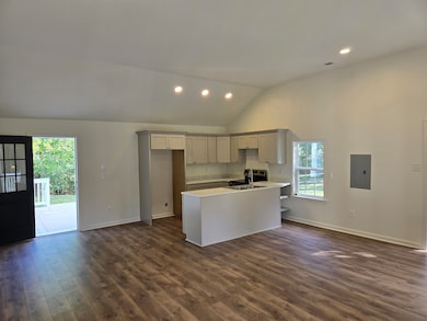 Kitchen with a peninsula, light countertops, dark wood-style flooring, gray cabinetry, and open floor plan