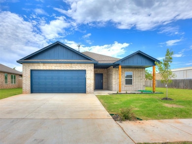 View of front of house with brick siding, concrete driveway, board and batten siding, and an attached garage
