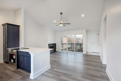 This perspective from the kitchen and dining room towards the living room and front entry highlights the unit's well-designed and functional layout.
