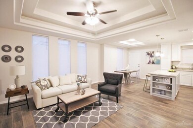 Living room with a tray ceiling, a ceiling fan, light wood finished floors, and baseboards