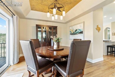 Dining area featuring tray ceiling and walk-out to