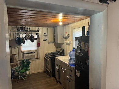 Kitchen with cooling unit, wooden ceiling, stainle