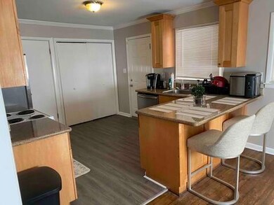 Kitchen with dark wood-style flooring, stainless steel dishwasher, ornamental molding, a peninsula, and a breakfast bar area