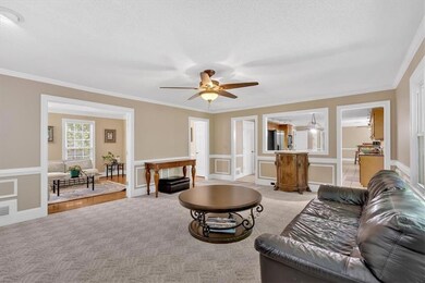 Living area featuring ceiling fan, light carpet, ornamental molding, a textured ceiling, and wainscoting