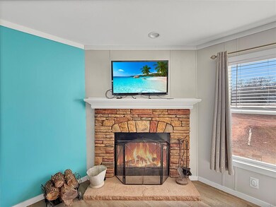 Details featuring a stone fireplace, baseboards, a