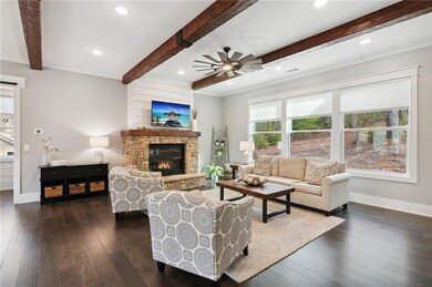 Living room featuring a stone fireplace, dark hard