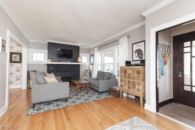 Living room featuring ornamental molding, light hardwood / wood-style floors, and a fireplace