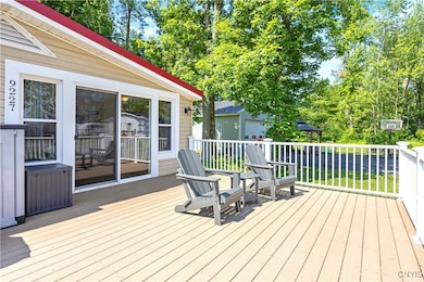 A large inviting deck with lake views