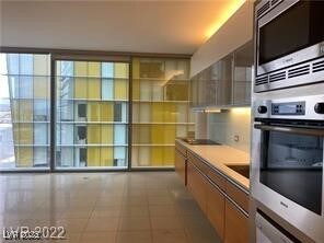 Kitchen with stainless steel appliances, modern ca