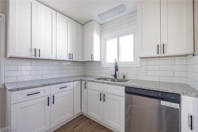 Kitchen featuring sink, tasteful backsplash, dark hardwood / wood-style flooring, and dishwasher