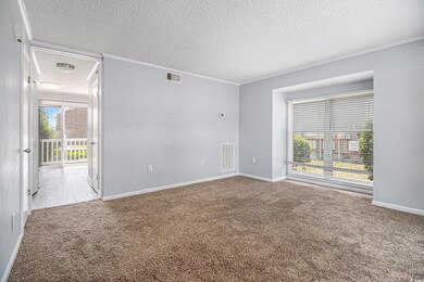 Carpeted empty room featuring a textured ceiling, crown molding, and baseboards