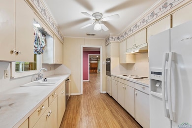Kitchen with sink, crown molding, light hardwood /