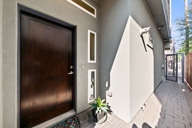 Contemporary front entry featuring a rich wood door accented by vertical windows, enhanced with a private gated walkway for added security and curb appeal