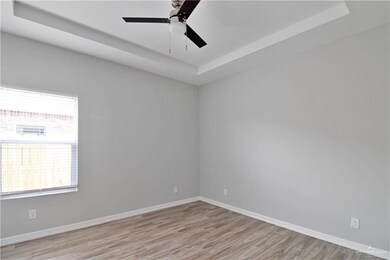 Unfurnished room featuring light hardwood / wood-style flooring, a raised ceiling, and ceiling fan