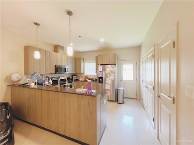 Kitchen featuring stainless steel appliances, a peninsula, light brown cabinets, and modern cabinets