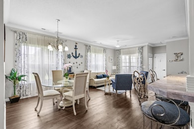 Dining space featuring wood finished floors, ornamental molding, a chandelier, a ceiling fan, and a textured ceiling