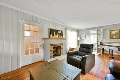 Living room featuring ornamental molding, hardwood / wood-style flooring, and a fireplace