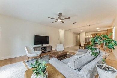 Living room with ceiling fan and light hardwood / 