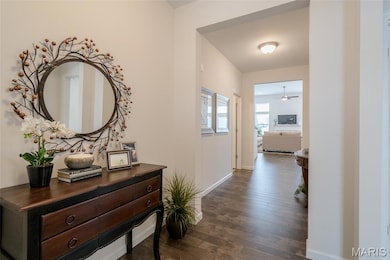 Hall featuring dark wood-style floors and baseboards