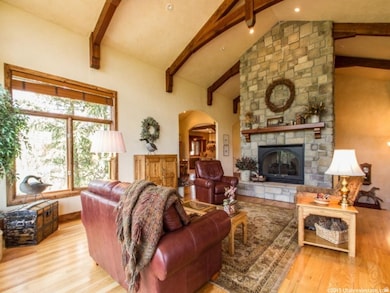Living area with arched walkways, a stone fireplace, and light wood finished floors