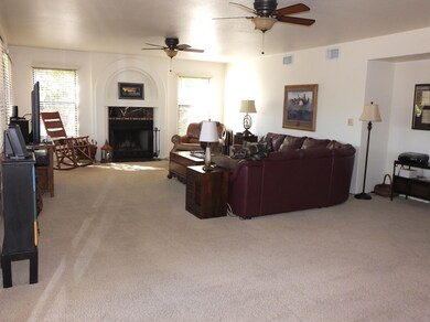 Family room with fireplace and 2 Fans