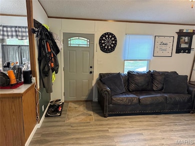 Entryway with a textured ceiling, ornamental molding, and light wood-type flooring