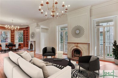 Double front parlor is staged as a library and for