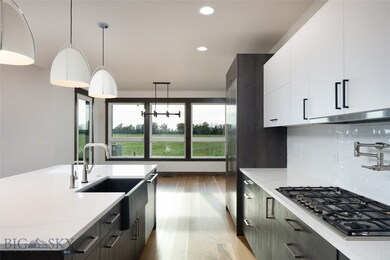 Farmhouse style sink and pot filler on cooktop.